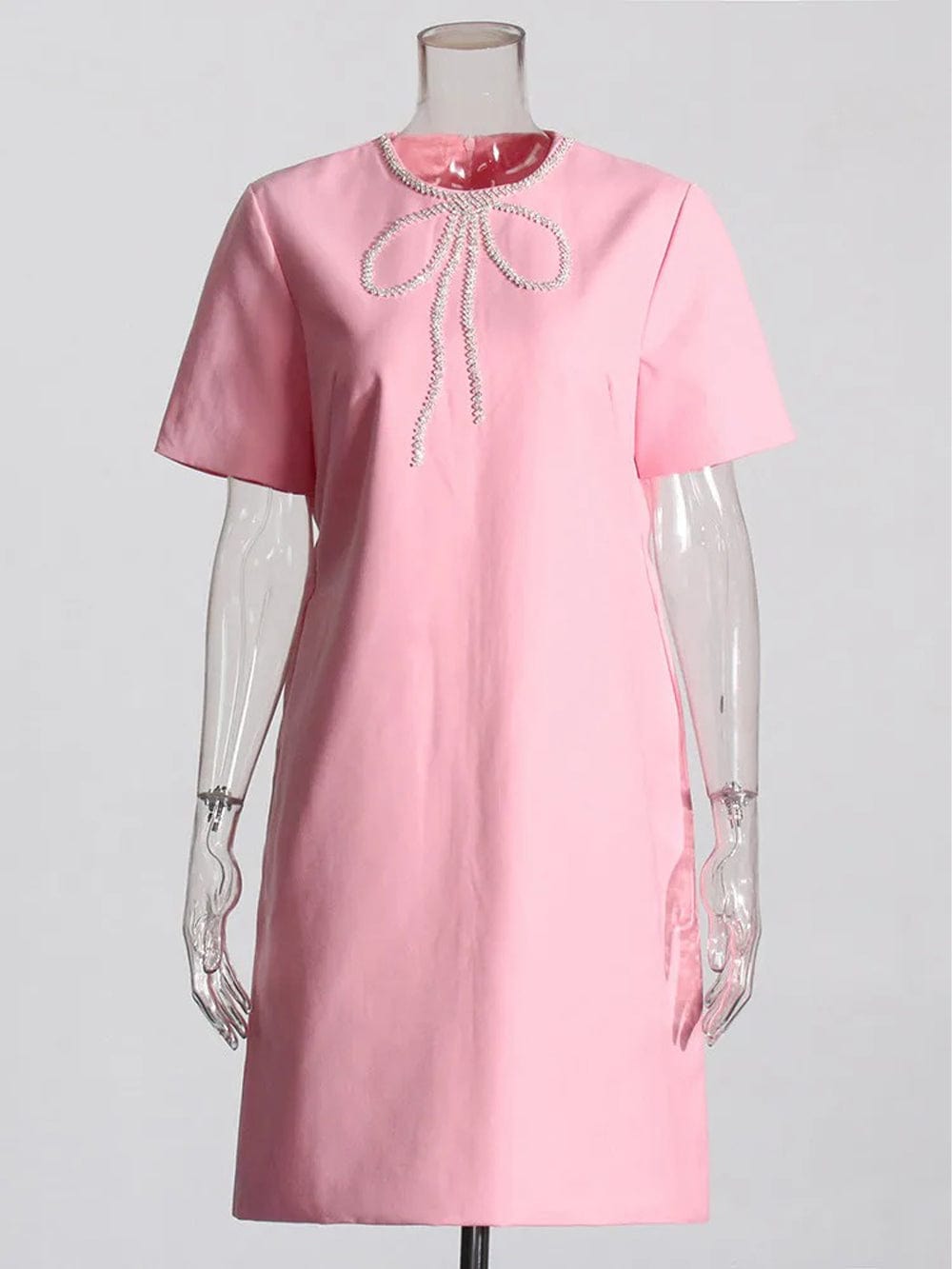 Rhinestone Bow Trim Crew Neck Short Sleeve Shift Mini Dress