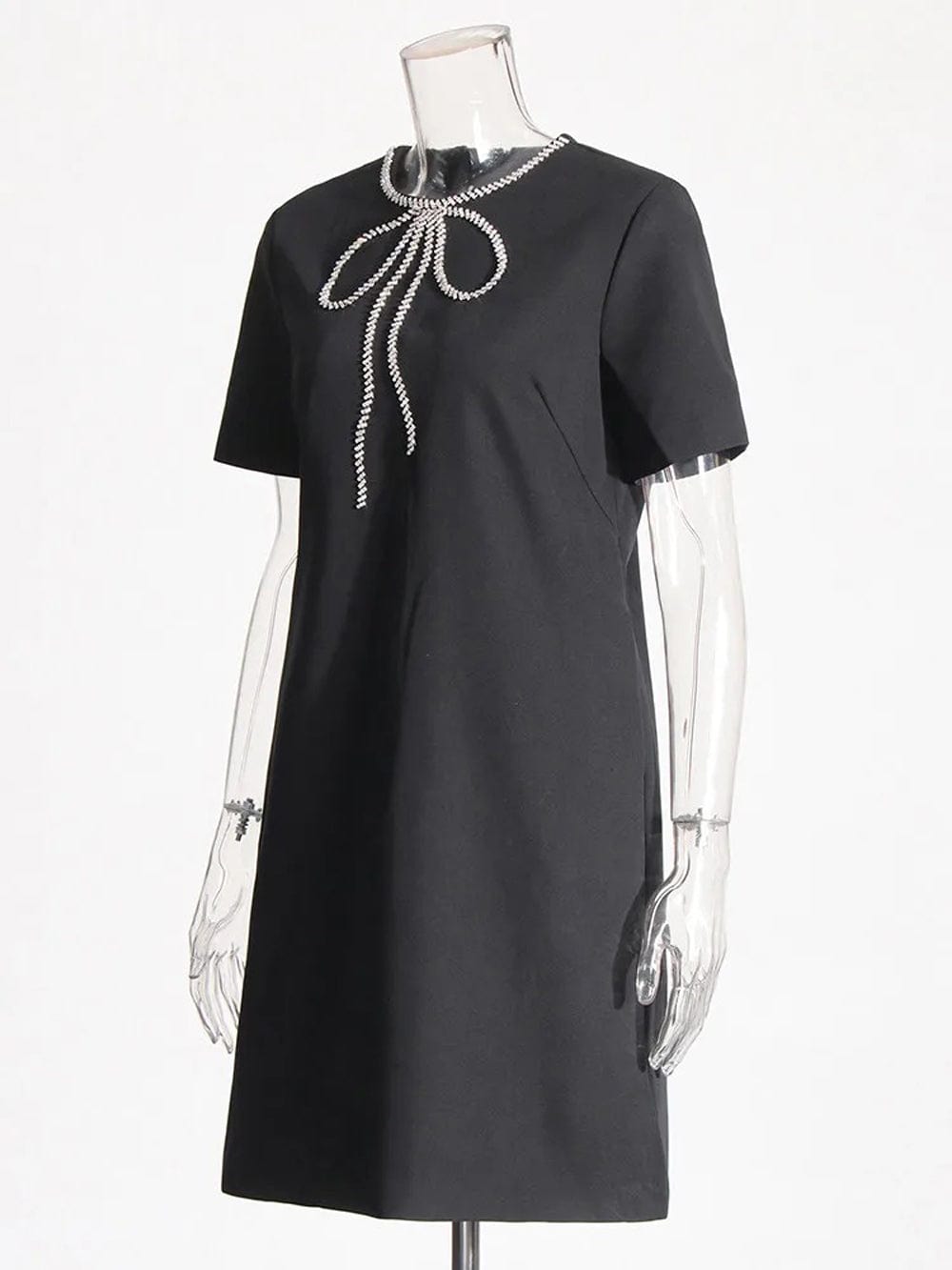 Rhinestone Bow Trim Crew Neck Short Sleeve Shift Mini Dress