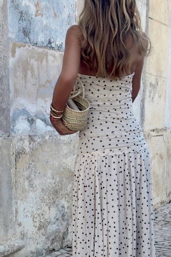 French Polka Dot Strapless Tulle Maxi Dress