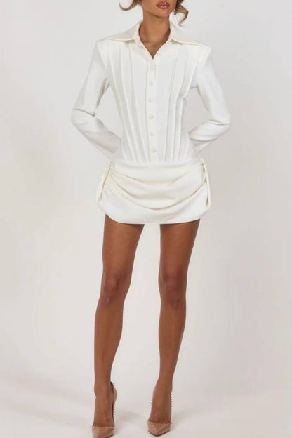 Sculptural Piping Details Shoulder Pads Long Sleeve Ruched Drape Mini Dress