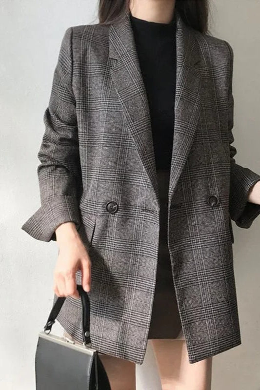 Plaid Double-Breasted Long Blazer