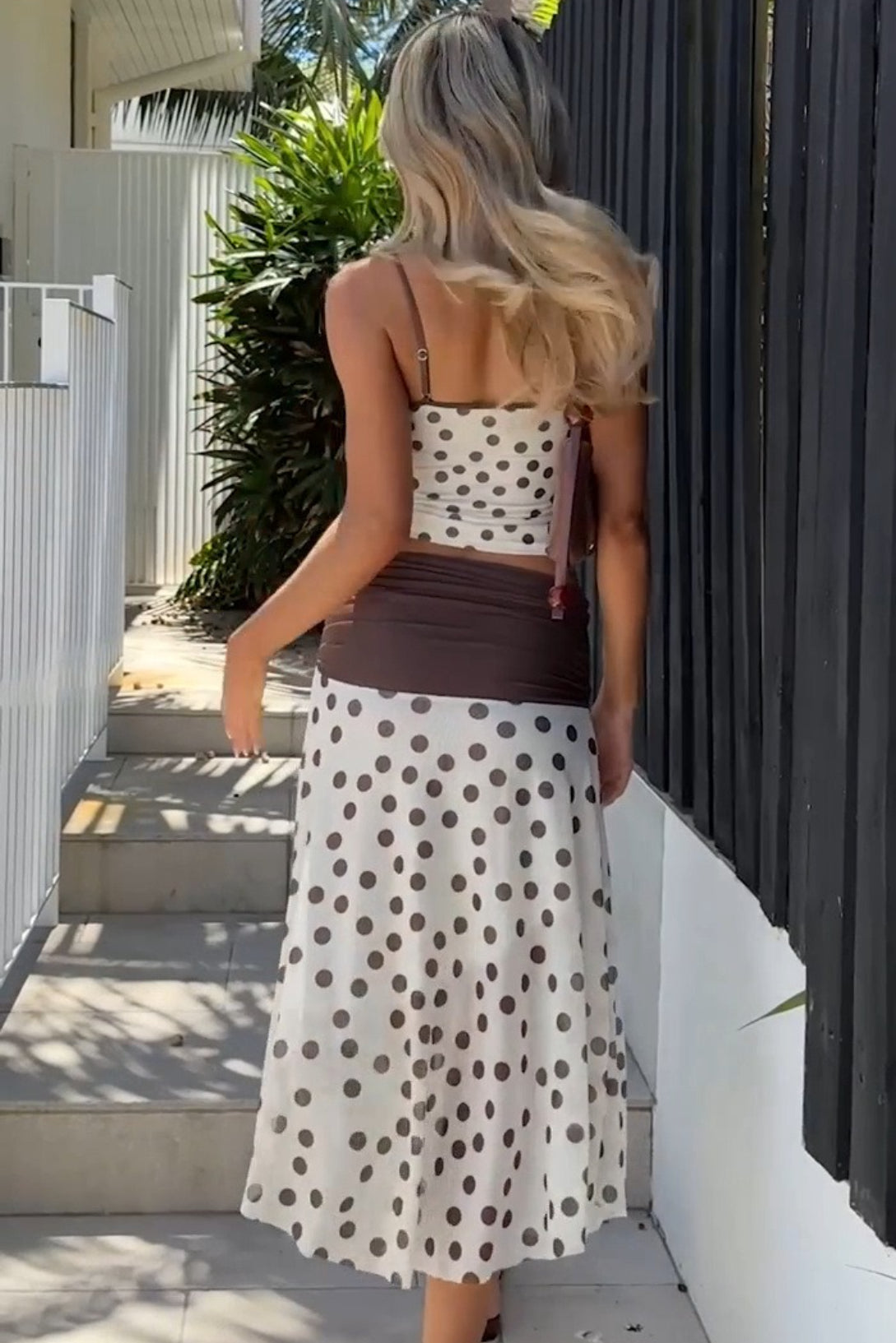 Polka Dot Color Block Cami Crop Top Midi Skirt Set