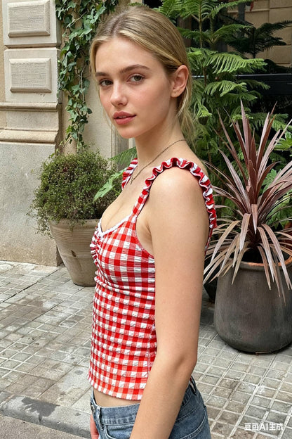 Plaid Low-cut Lace Backless Strap Tank Crop Top