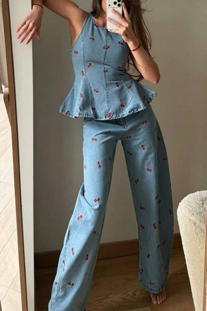 Sweet Casual Denim Cherry Print High Rise Pocket Straight Leg Loose Jeans
