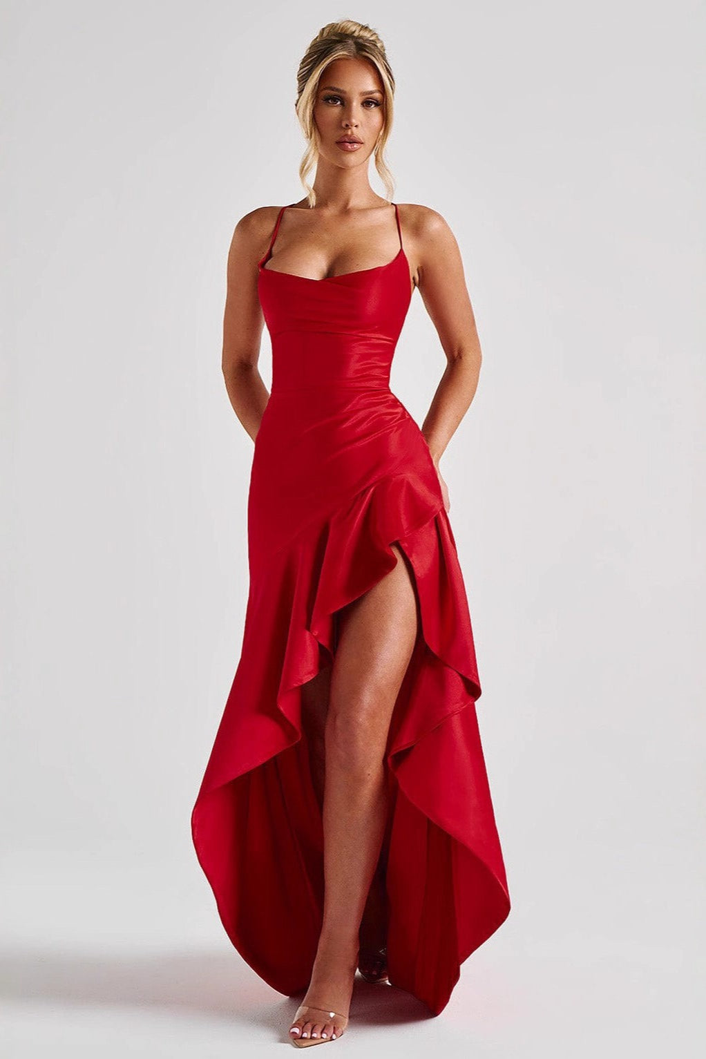 Satin Spaghetti Strap Backless Tie Elegant Formal Dress