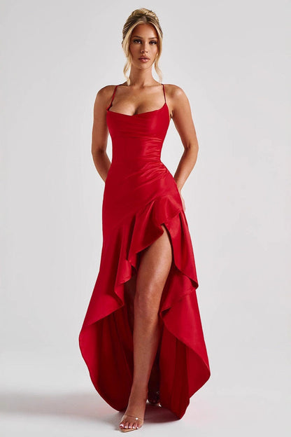 Satin Spaghetti Strap Backless Tie Elegant Formal Dress