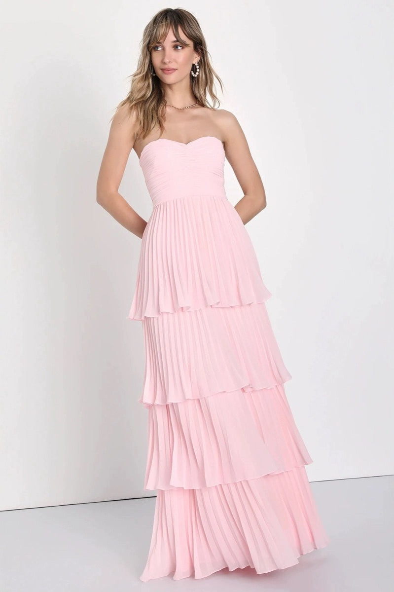 Strapless Ruched Tiered Ruffle Formal Dress