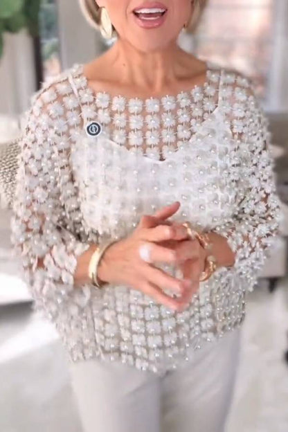 Three-Dimensional Floral Beaded Openwork Blouse