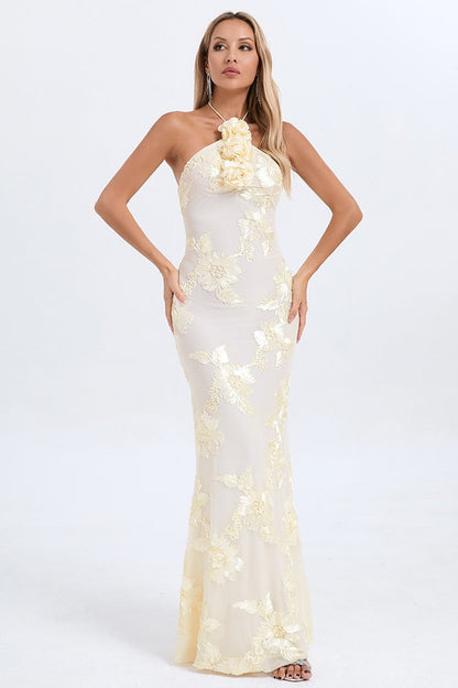 Halter Floral Foil Print Maxi Dress