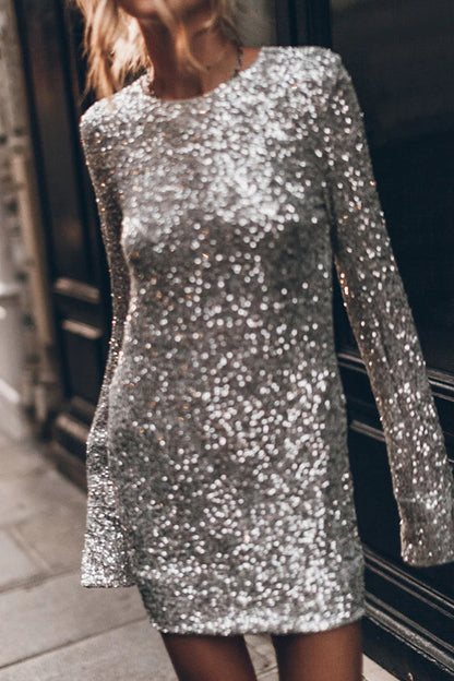 Sequin Long Sleeve Slit Cuff Crew Neck Mini Dress