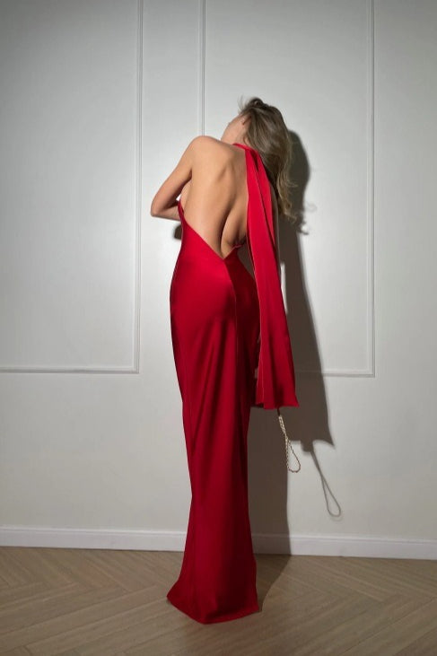 Backless Satin Solid Silk Dress