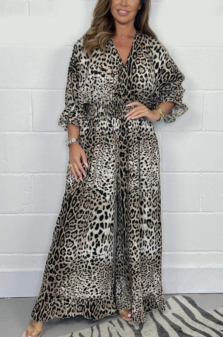 Multi-Color Leopard Print V-Neck Waisted Wide-Leg Jumpsuit