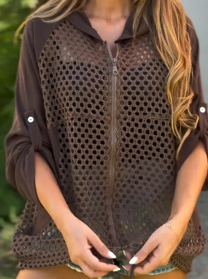 Hooded Patchwork Crochet Knit Openwork Jacket