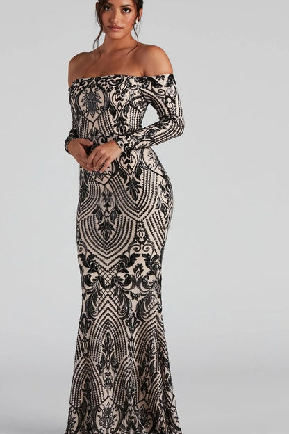 Boat Neck European Trendy Formal Evening Maxi Sequin Dress