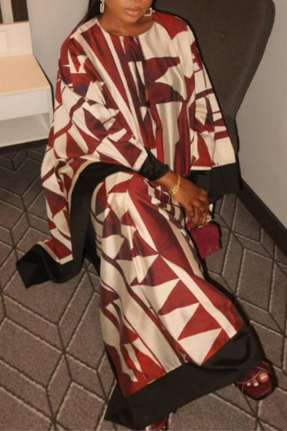 Satin Print Batwing Sleeve Loose Kaftan Maxi Cover Up Dress