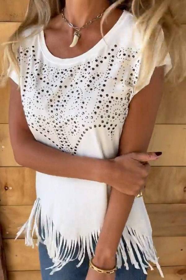 Rhinestone Fringe Crew Neck Short Sleeve T-Shirt