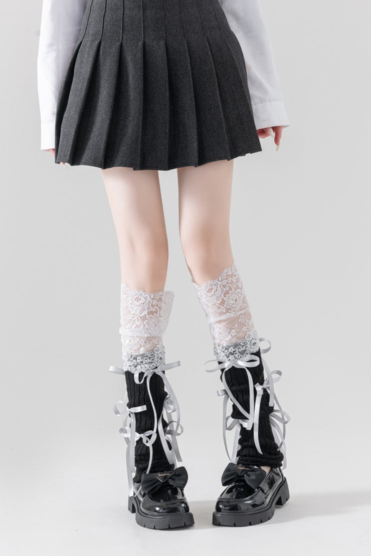 Lace Patchwork Bow Slouchy Leg Warmers