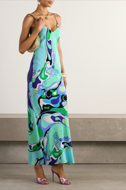 Printed Satin Cami Slit Silk Dress