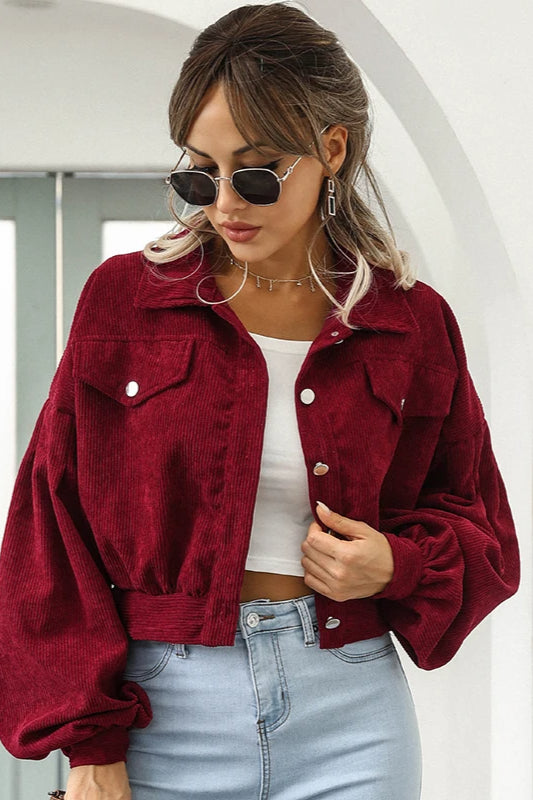 Corduroy Cropped Lantern Sleeve Jacket