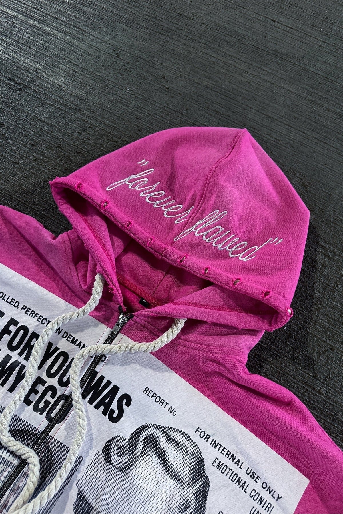 Newspaper Print Washed Embroidered Hoodie
