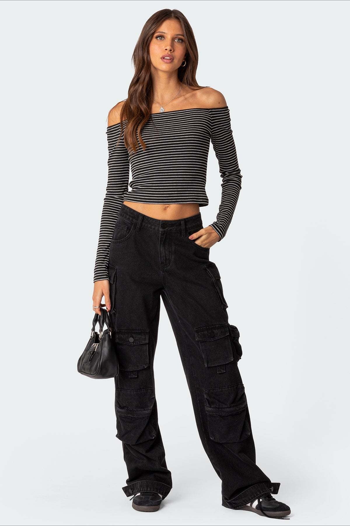 Striped Off Shoulder Bodycon Knit Top