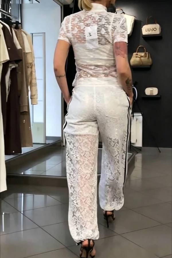 Khloe Lace Striped Patchwork High Neck Zip-Up Top and Elastic Waist Pocket Side Button Pants Set