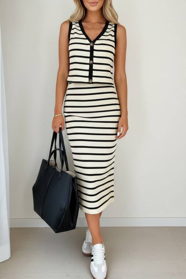 Striped Knit Sleeveless Top & High-Waisted Skirt Two-Piece Set