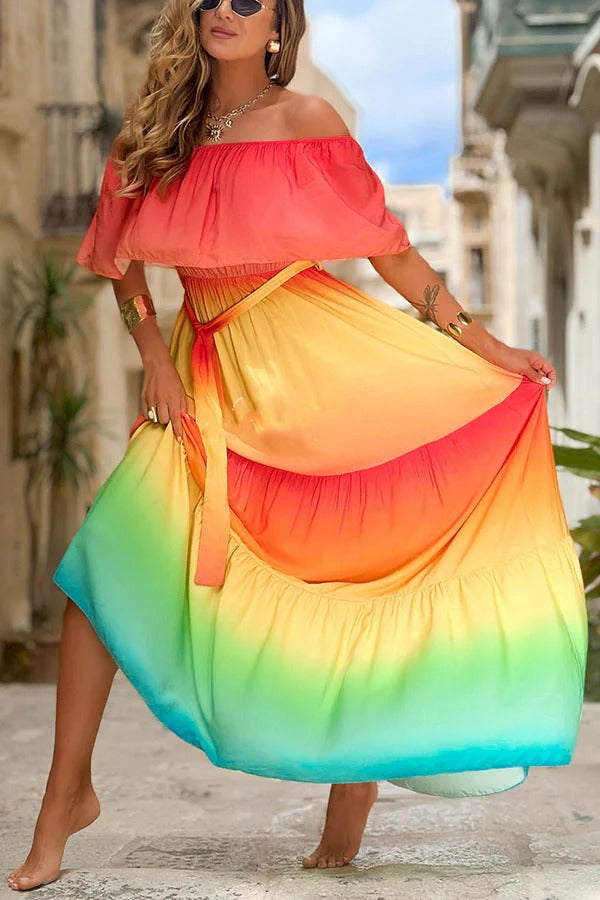 Joyelle Gradient Print Off Shoulder Tie-up Vacation Maxi Dress