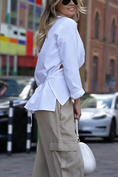 Unique Street Button Up Long Sleeve Slit and Tie-up Hem Blouse