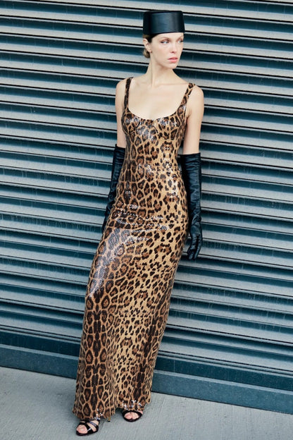Leopard Sequin Sheer Cape Spaghetti Strap Backless Prom Dress