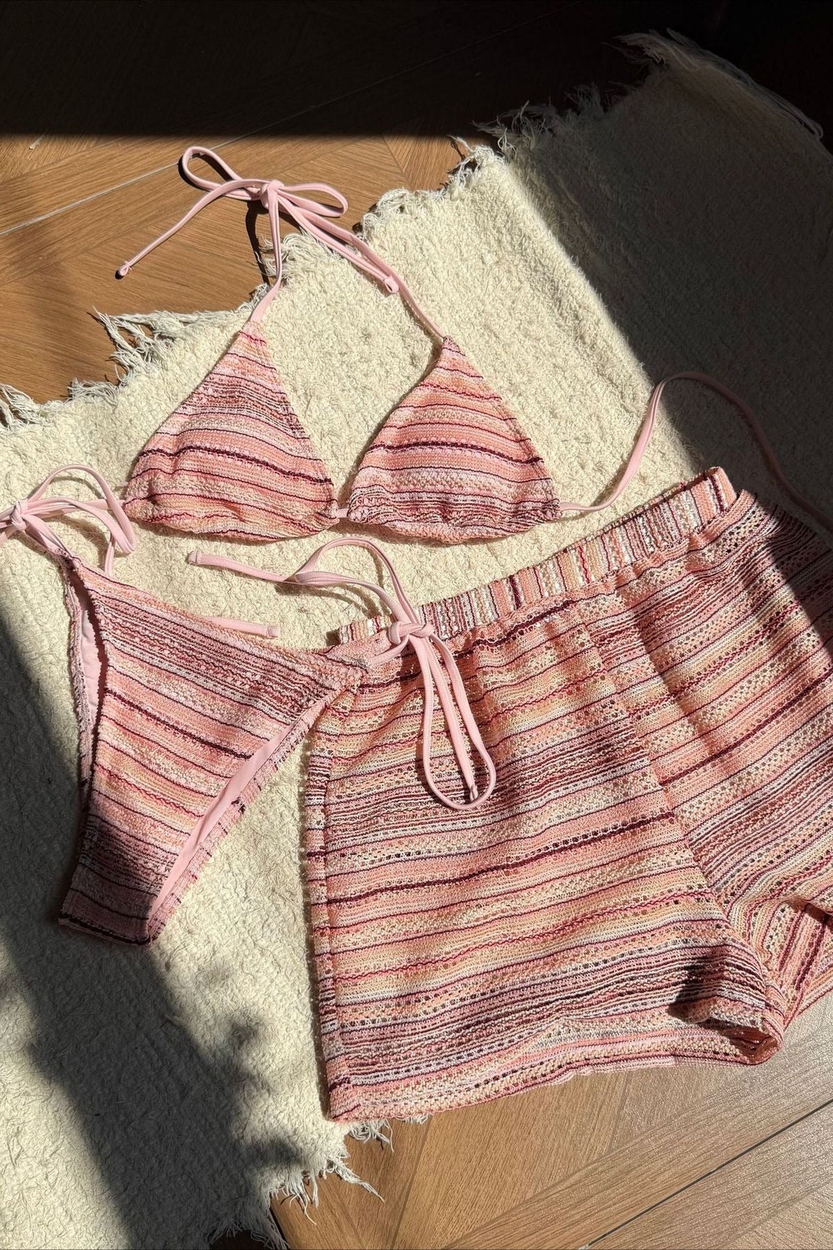 Halter Knit Colorblock Beach Shorts Three Piece Swim Set