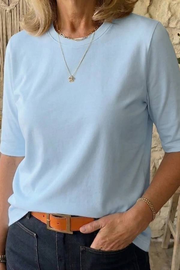 Basic Crew Neck Elbow-Length Sleeve T-Shirt