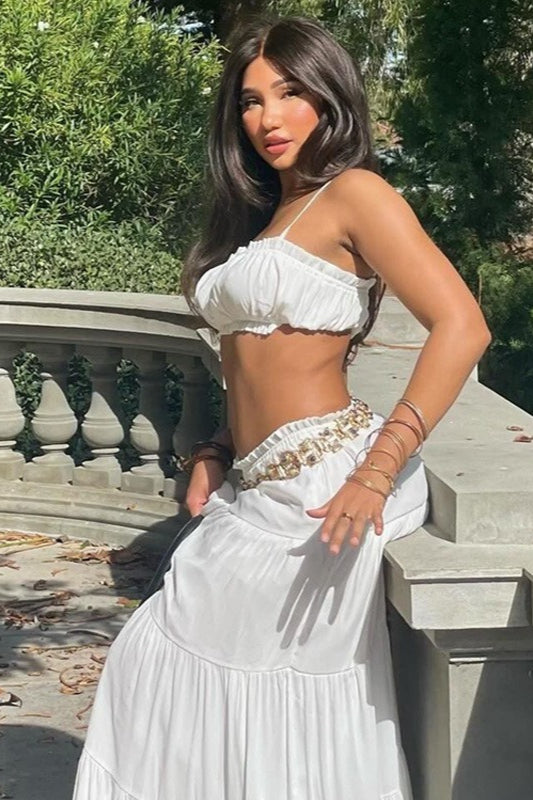 Vacation Style Solid Color Wrap Bodice Halter Skirt Set