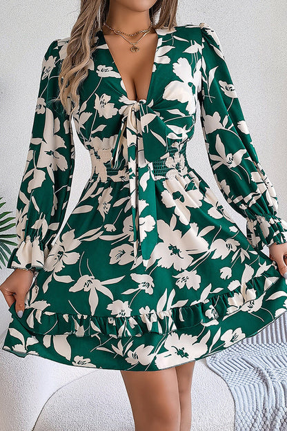 Floral Print Tie Front Deep V-Neck Smocked Waist Tiered Ruffle Mini Dress