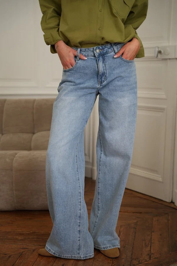 Stylish Denim Colorblock Star Patterned Mid Waist Pocket Wide Leg Jeans