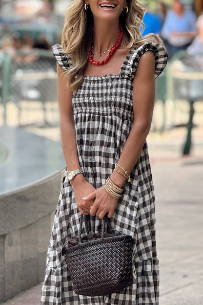 Black and White Gingham Square Neck Smocked Maxi Dress