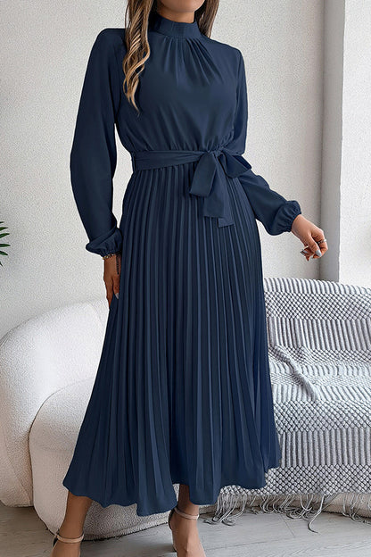 Mock Neck Lantern Sleeve Belted Pleated A-Line Midi Dress