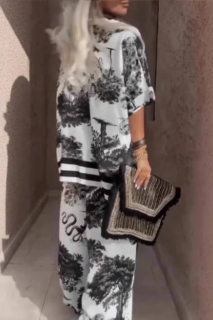 Casual V-neck printed short-sleeved top and wide-leg pants set