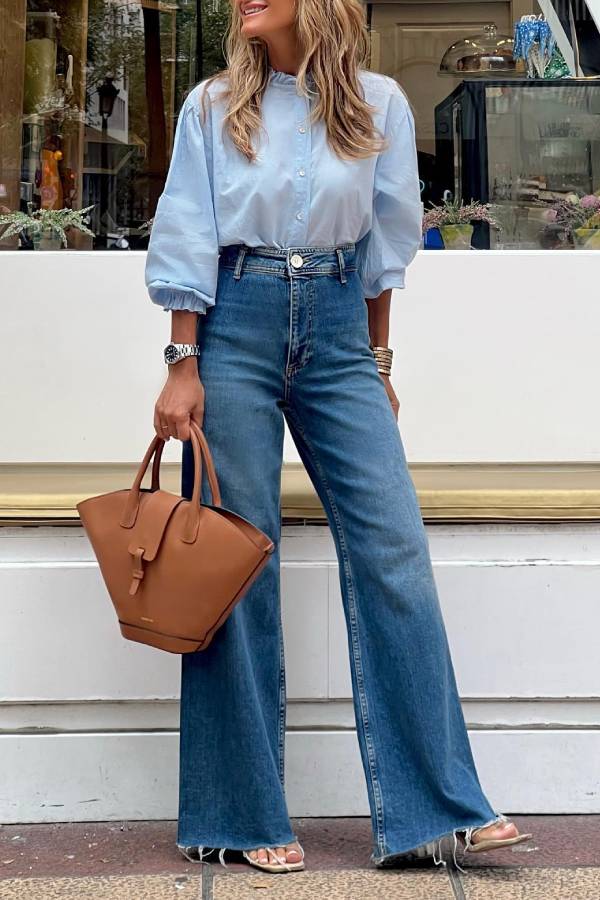 French ruffled stand-up collar loose lantern sleeve Tencel shirt