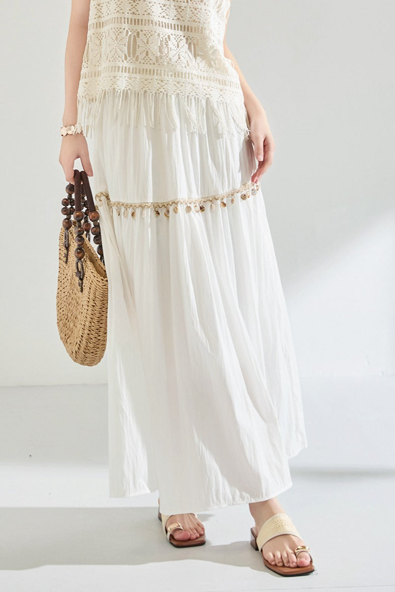 Minimal Shell Detail Fringe Patchwork Boho Skirt