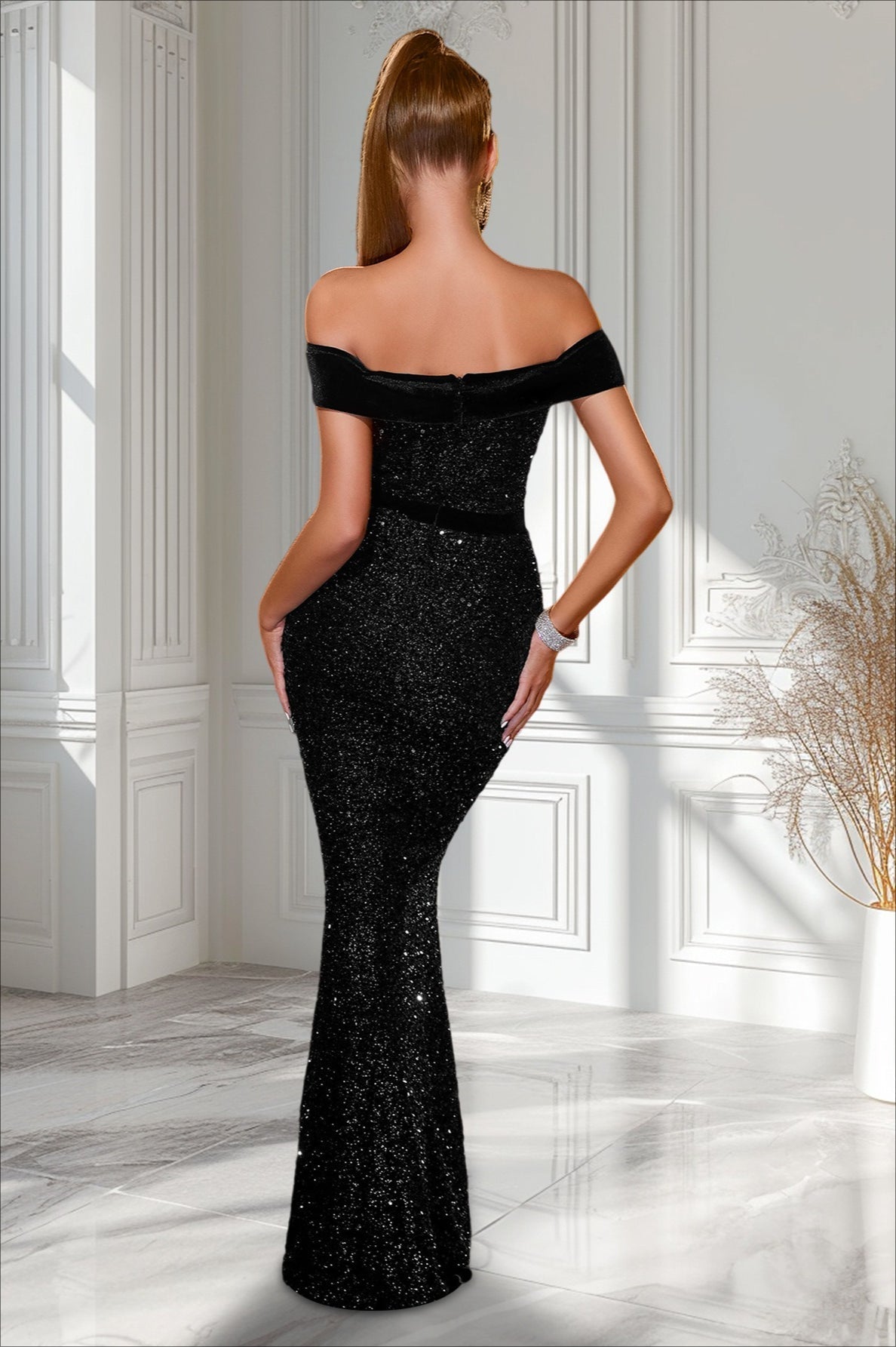 Sequin Off Shoulder Slit Formal Dress