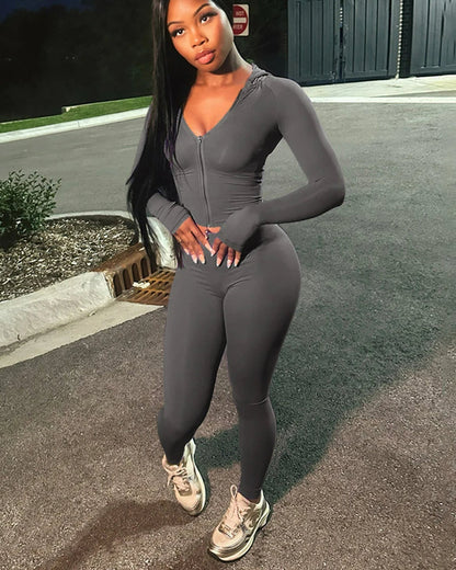 Sporty Zip Hooded Two Piece Pants Set