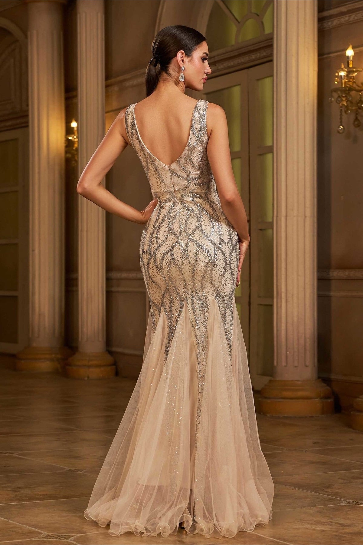 Sleeveless V Neck Sequin Mermaid Prom Dress