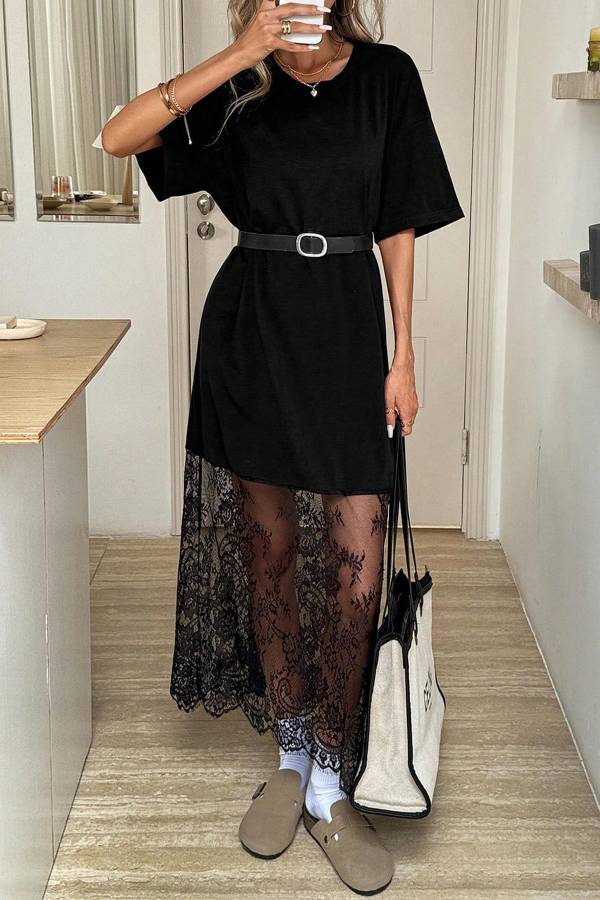 Lace Hem Patchwork Loose T-Shirt Dress
