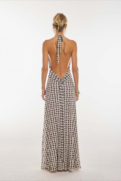Polka Dot Halter Neck Deep V-Neck Ruched Waist Bodycon Maxi Dress