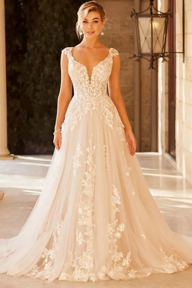 Sheer Mesh Lace Fit Flare Wedding Dress