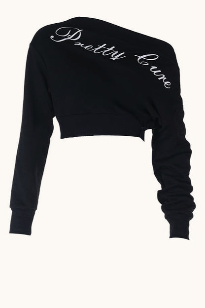 Script Print Off Shoulder Cropped Tee