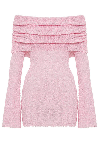 Off Shoulder Cowl Neck Long Sleeve Textured Knit Bodycon Mini Dress