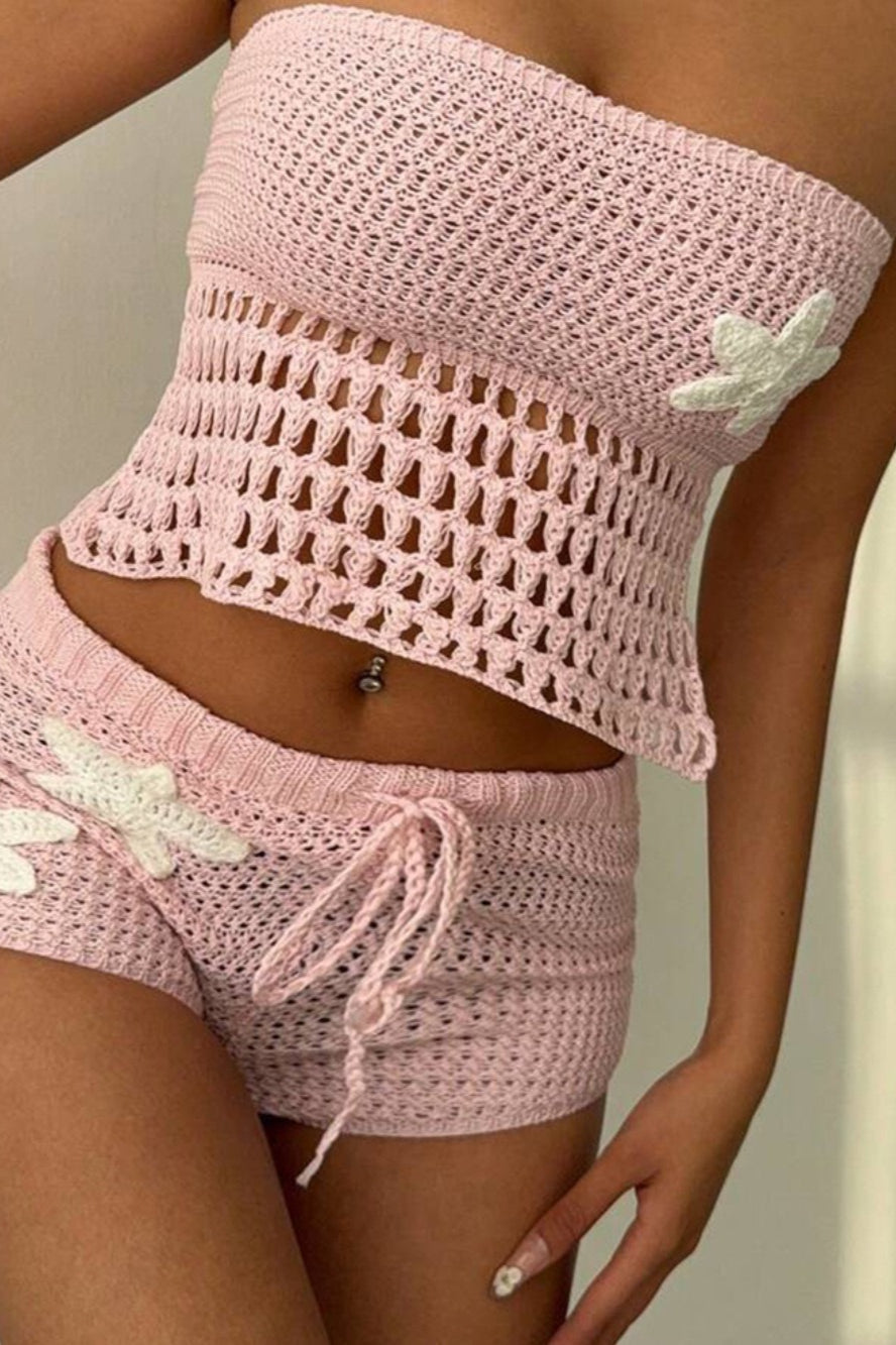 Floral Knit Crochet Crop Bodycon Shorts Set
