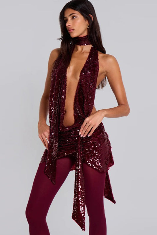 Sequin Halter Deep V Backless Bodycon Sequin Dress